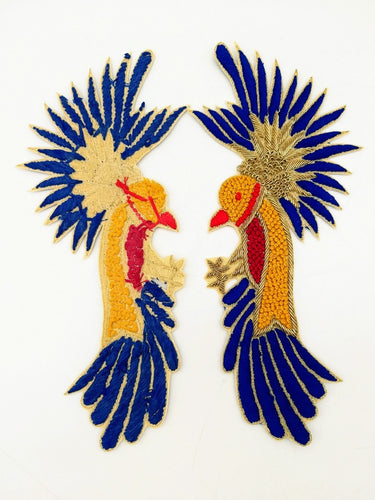 Hand Embroidered Bird Applique With Yellow, Blue and Red Embroidery With Antique Gold Zardozi Work, Bird Applique